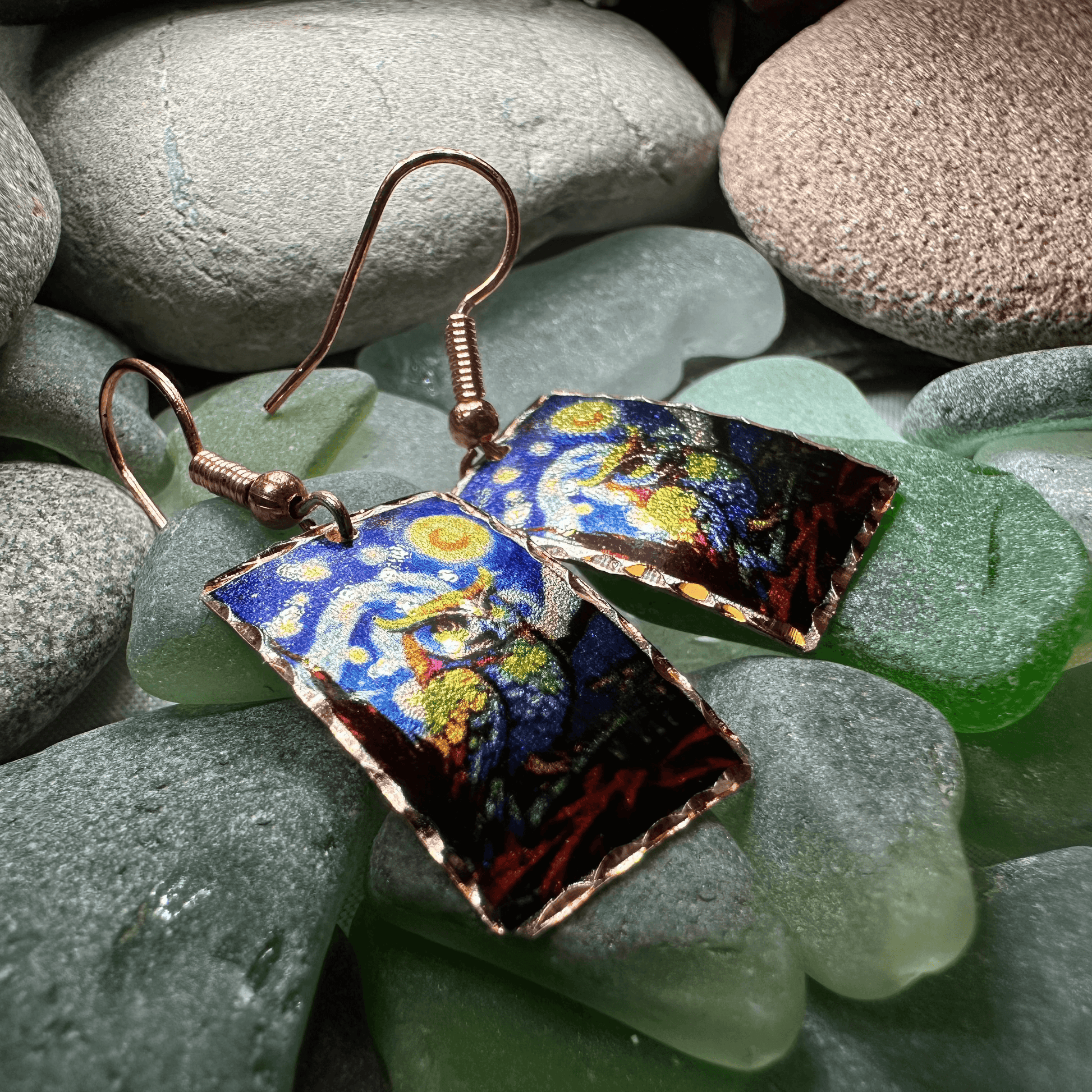 Starry Night Owl Copper Earrings - 