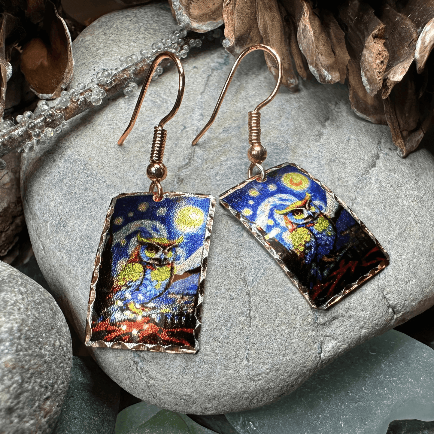 Starry Night Owl Copper Earrings - 