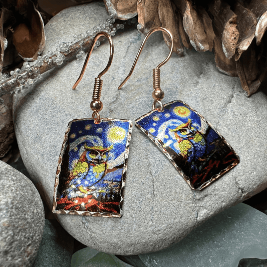 Starry Night Owl Copper Earrings - 