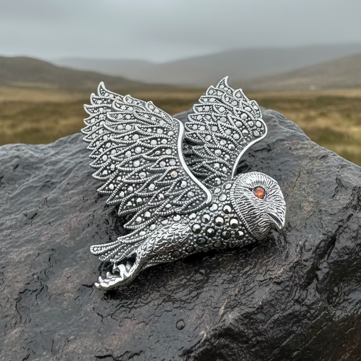 Breena Marcasite Owl Necklace & Brooch