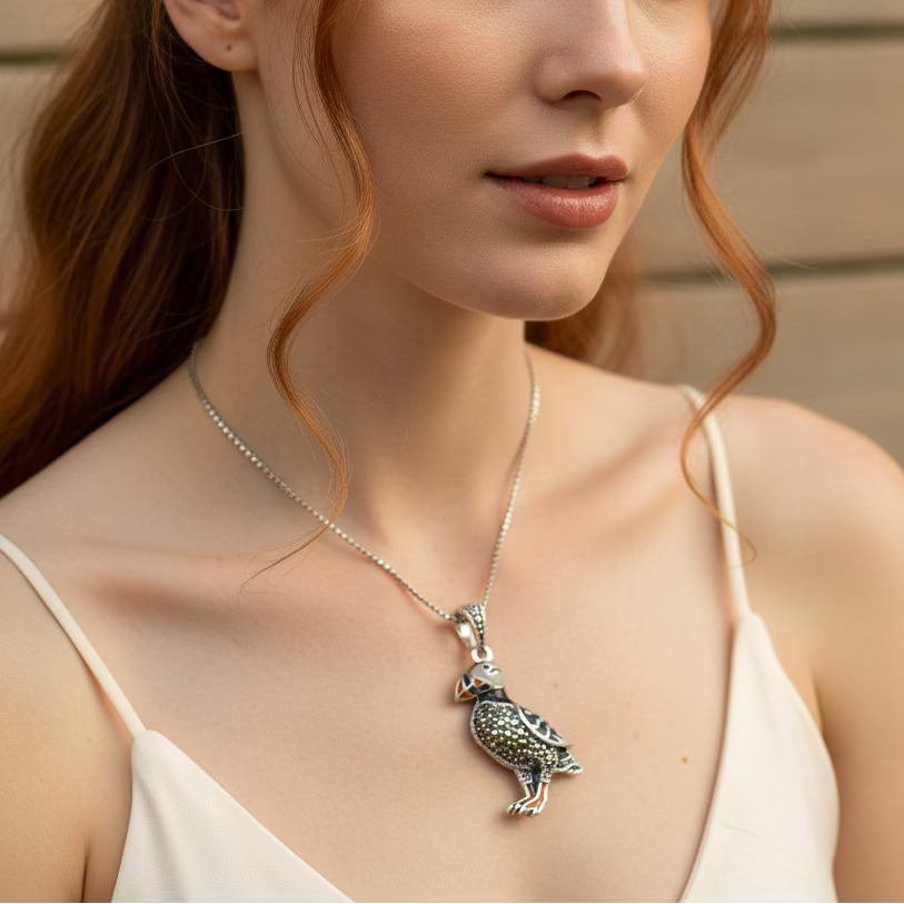 Coastal Puffin Marcasite Necklace