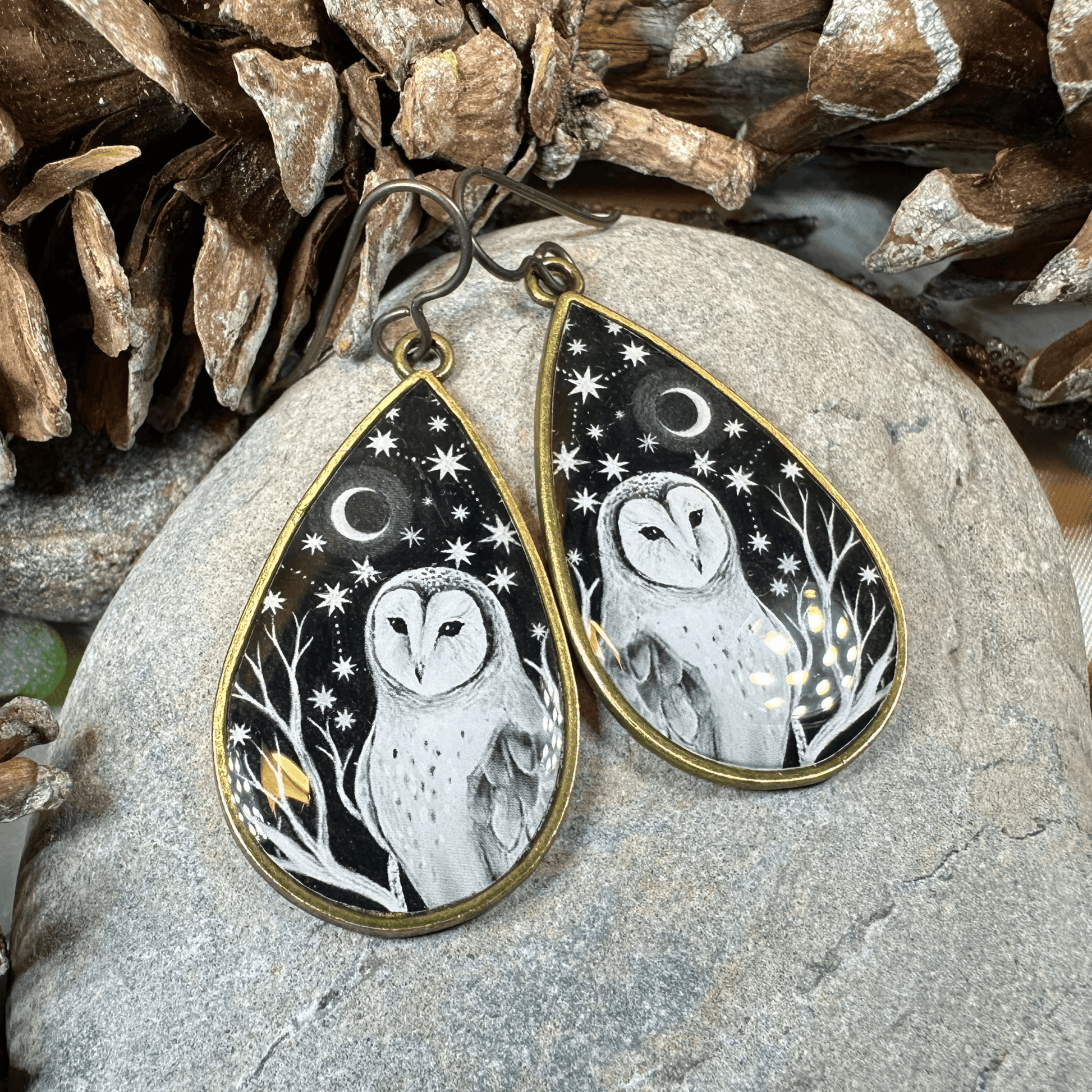 Night Sky Barn Owl Earrings - 