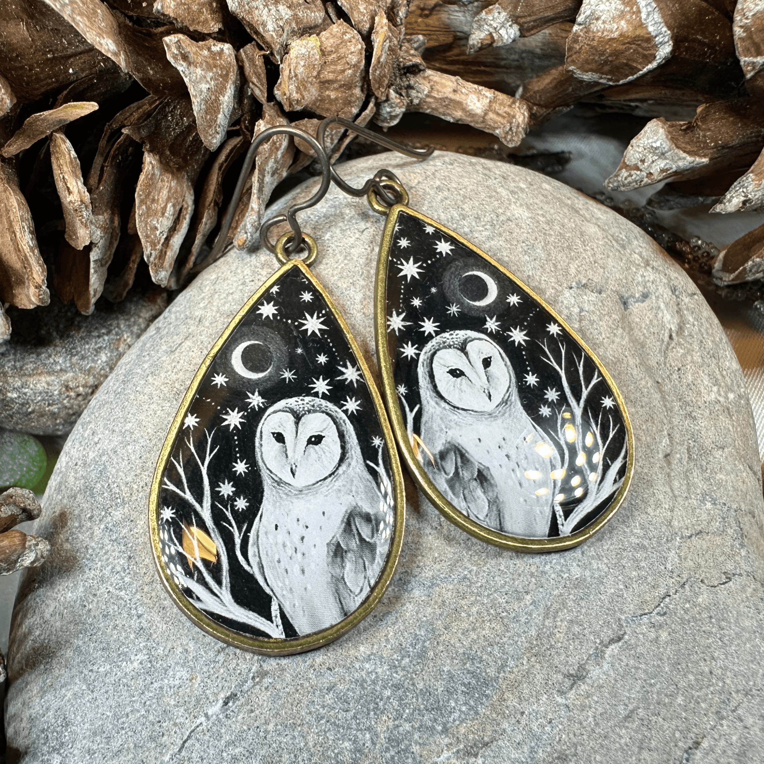 Night Sky Barn Owl Earrings - 