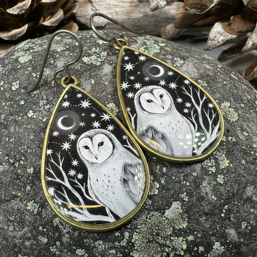 Night Sky Barn Owl Earrings