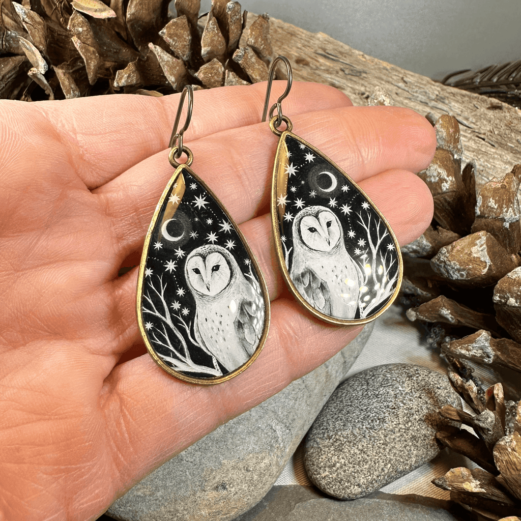 Night Sky Barn Owl Earrings - 
