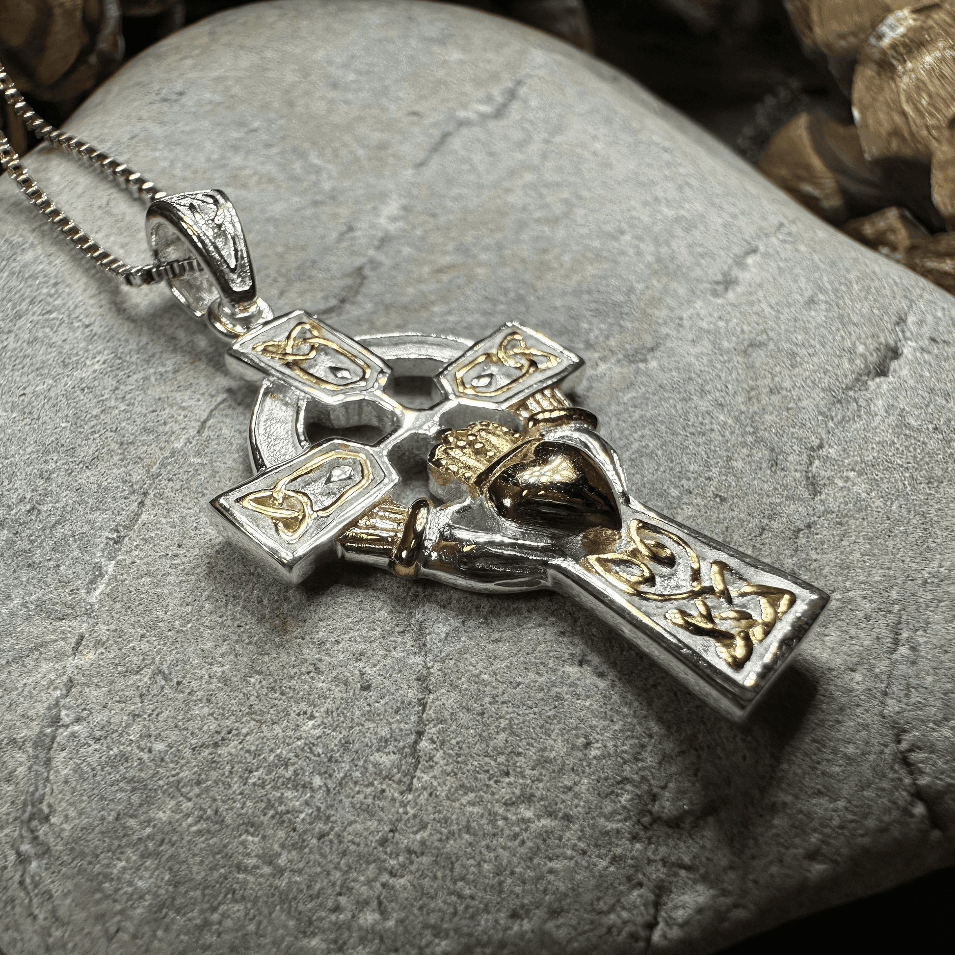 Tri-Color Claddagh Cross Necklace - 18