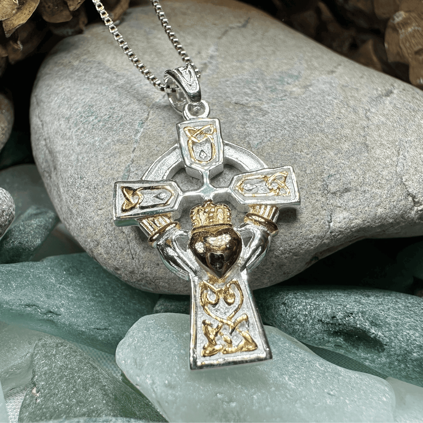 Tri-Color Claddagh Cross Necklace - 18