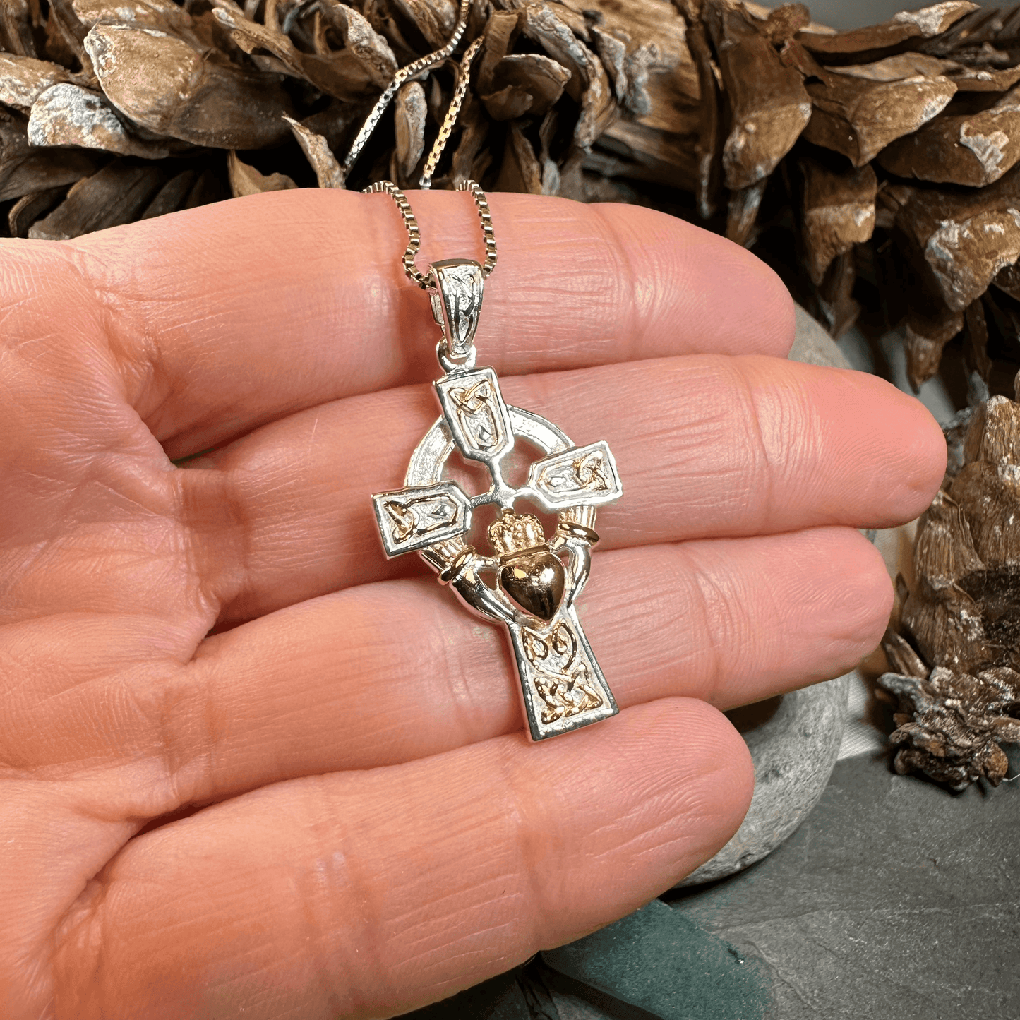Tri-Color Claddagh Cross Necklace - 18