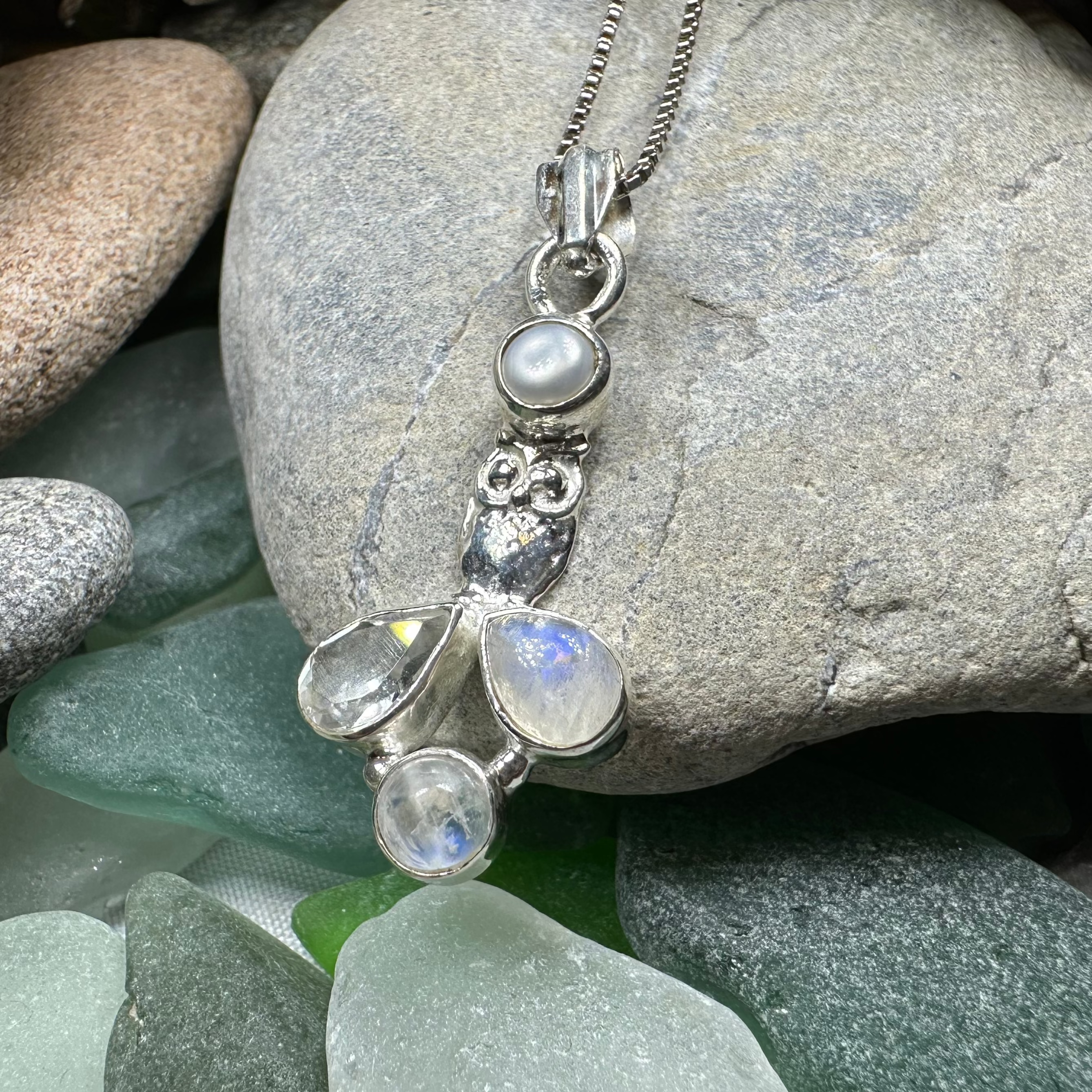 Misty Morning Moonstone Owl Necklace