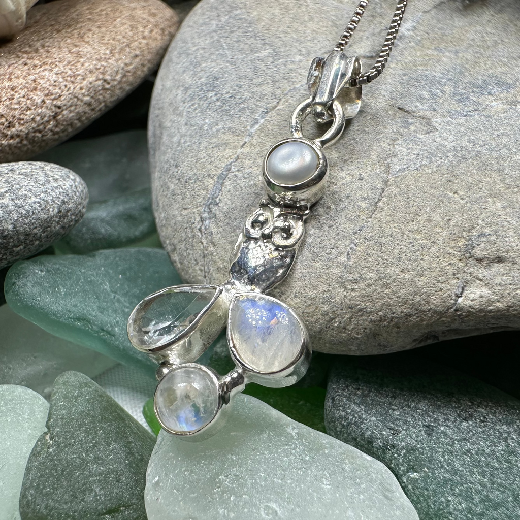 Misty Morning Moonstone Owl Necklace