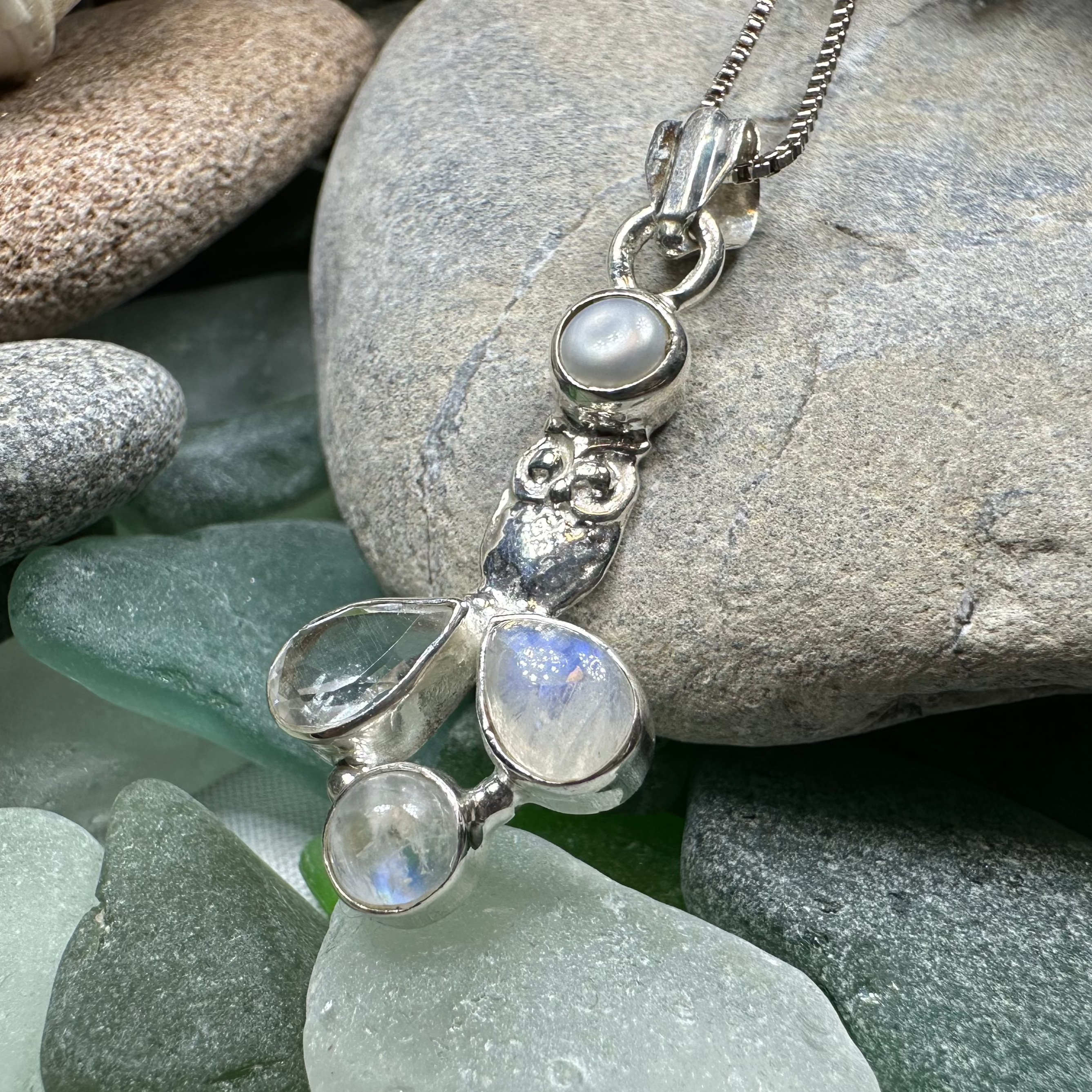 Misty Morning Moonstone Owl Necklace