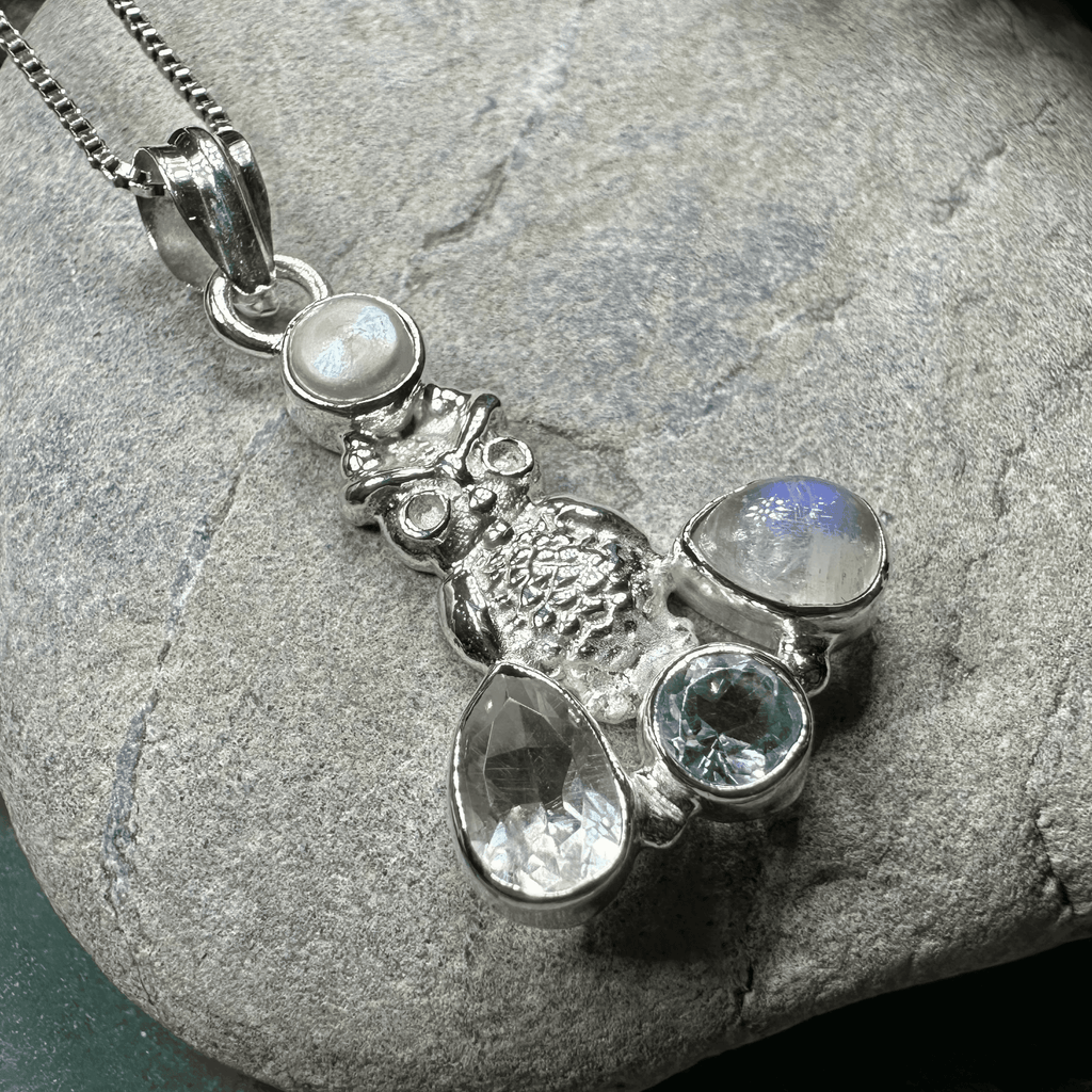 Misty Morning Moonstone Owl Necklace - 18 / Moonstone/Topaz