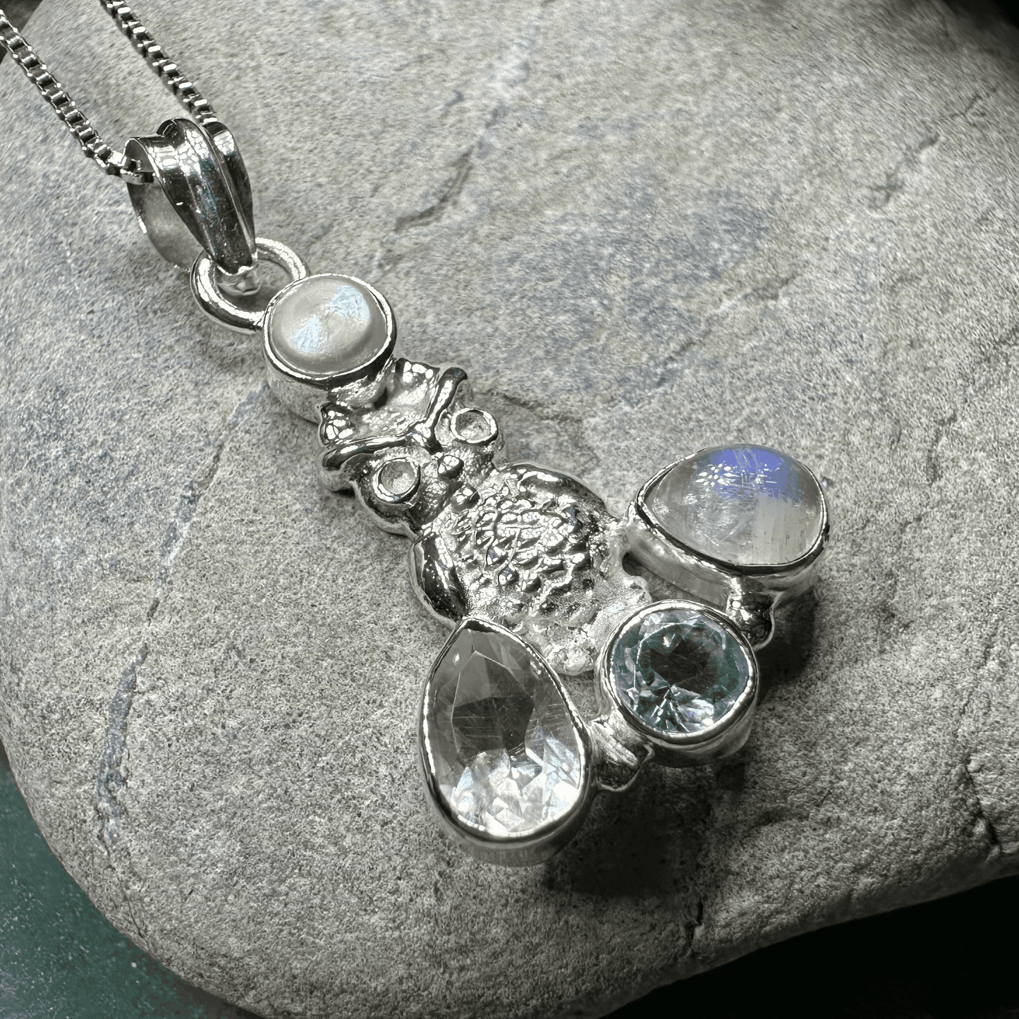 Misty Morning Moonstone Owl Necklace - 18 / Moonstone/Topaz