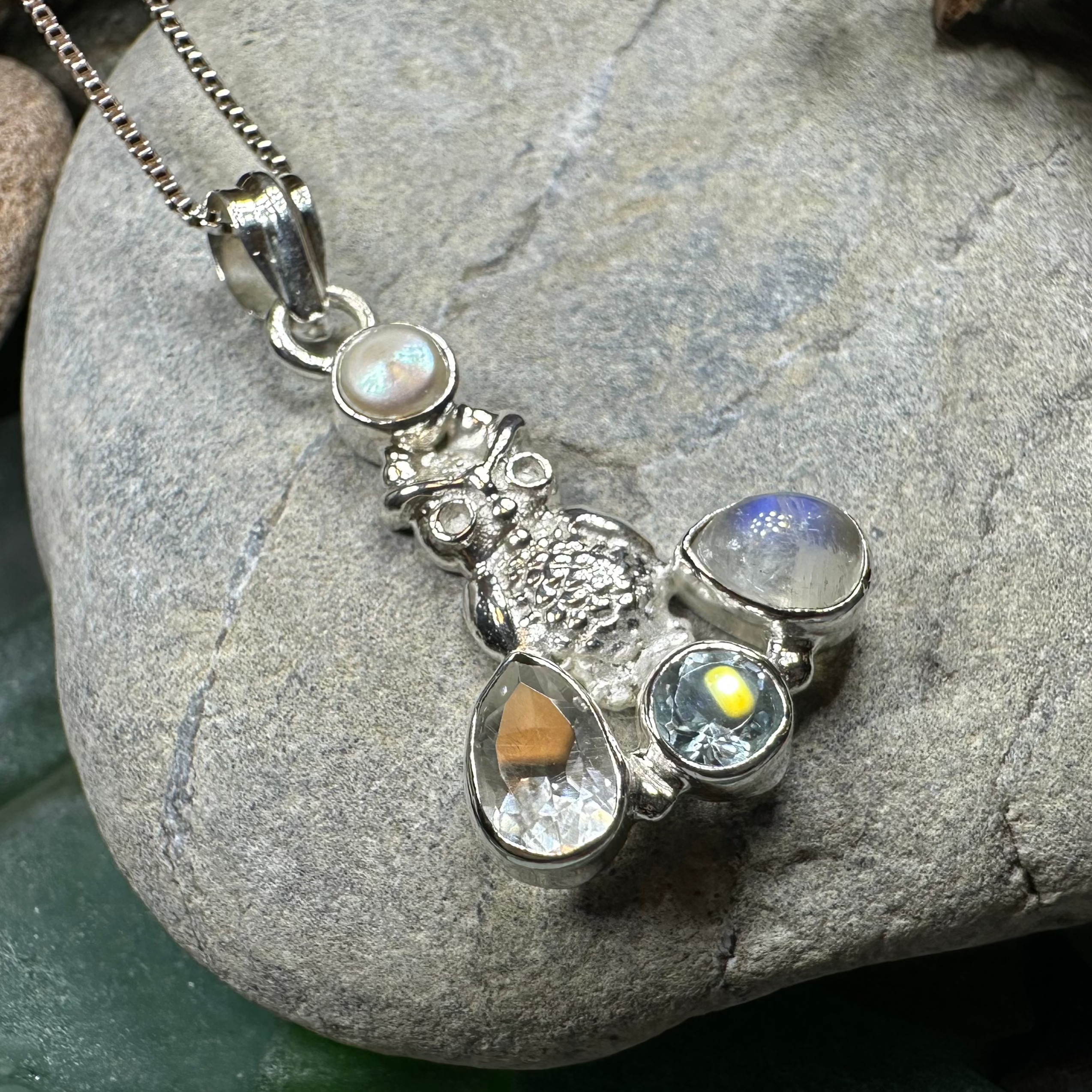 Misty Morning Moonstone Owl Necklace
