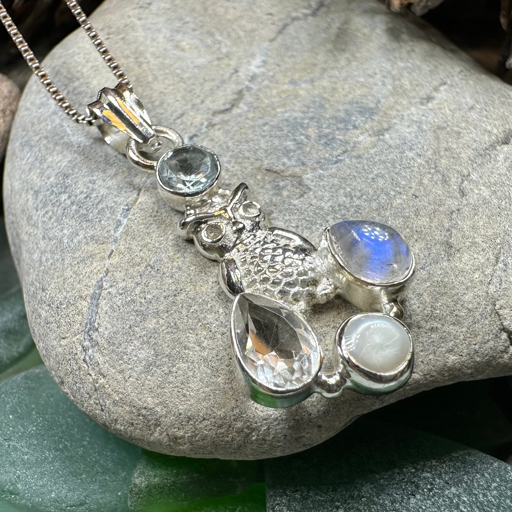 Misty Morning Moonstone Owl Necklace