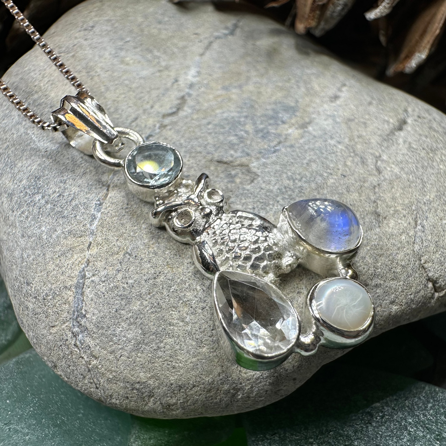 Misty Morning Moonstone Owl Necklace