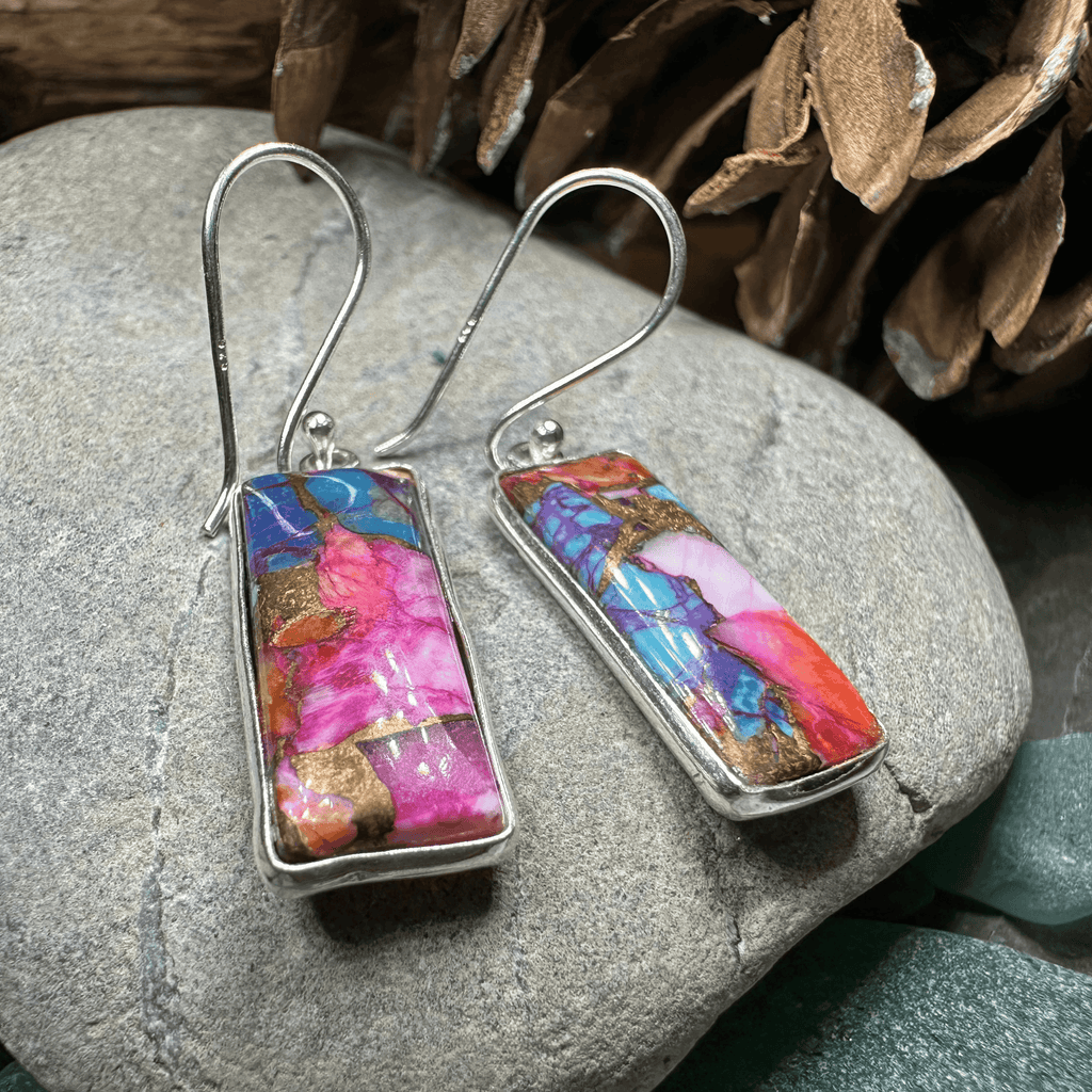 Classic Copper Turquoise Earrings - Rectangle Pink