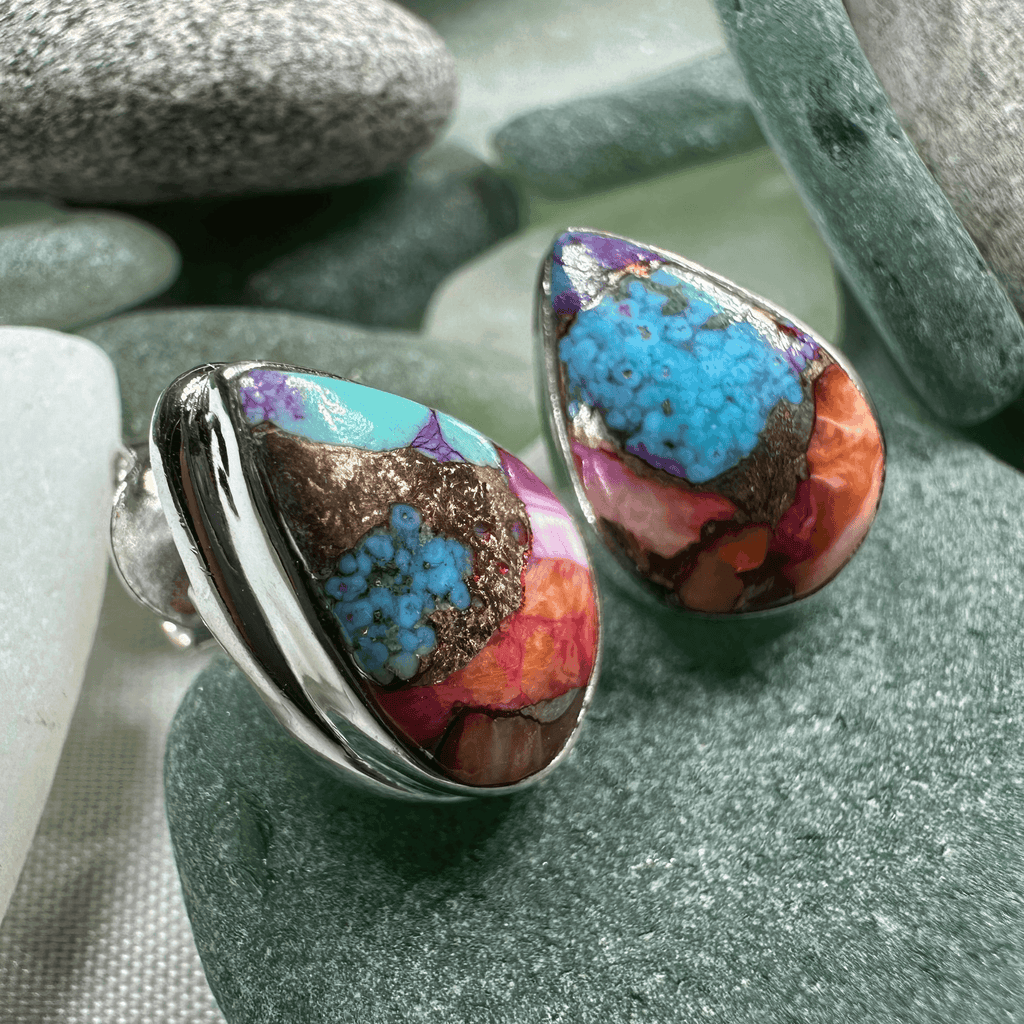 Classic Copper Turquoise Post Earrings - Teardrop Pink
