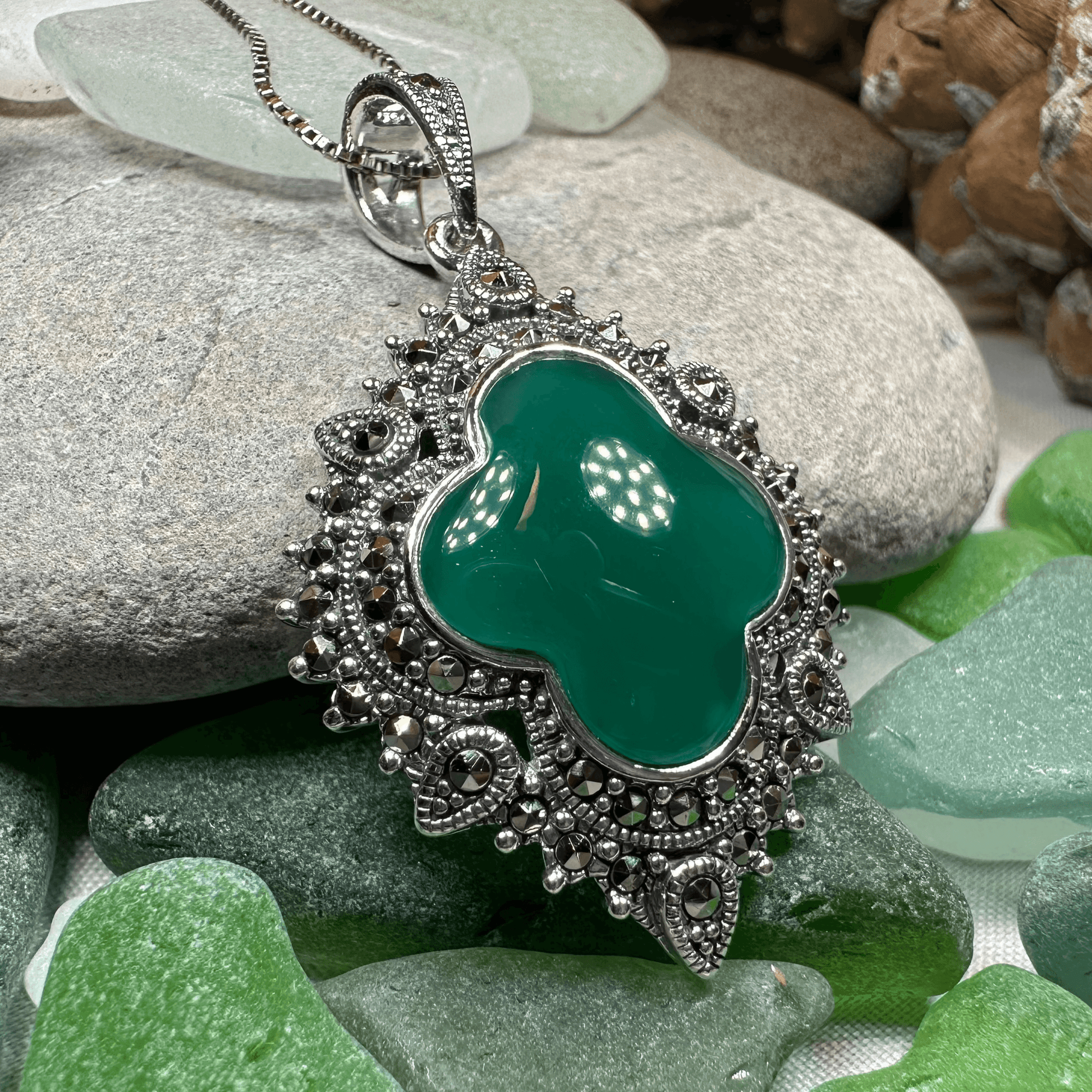 Celtic Twilight Marcasite Necklace - 18 / Green Agate