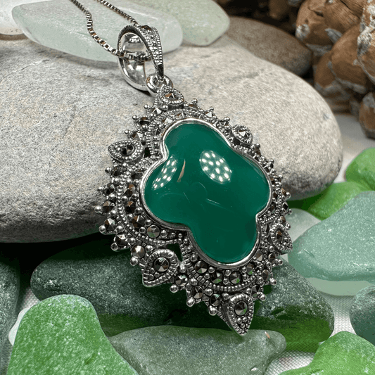 Celtic Twilight Marcasite Necklace - 18 / Green Agate