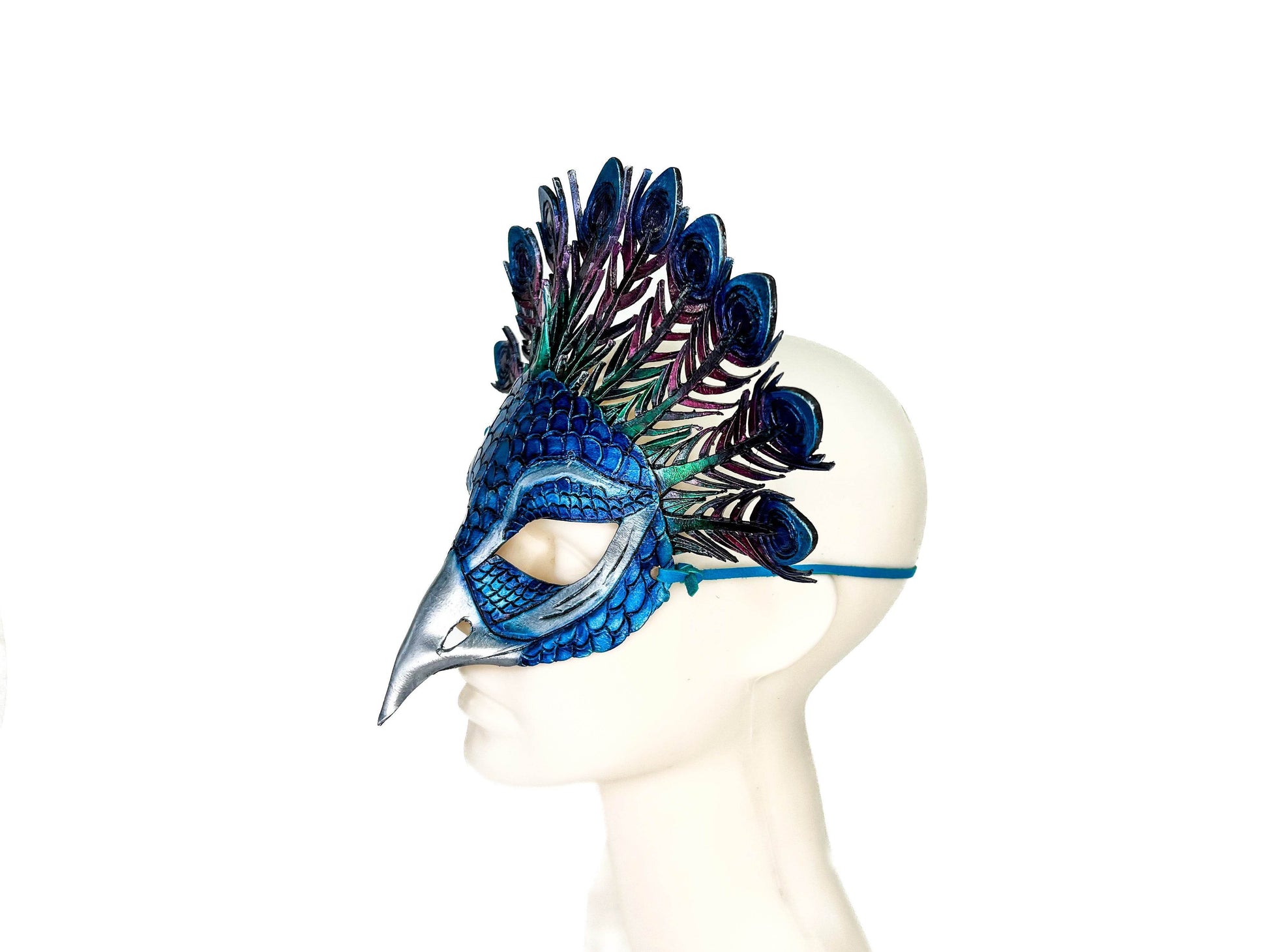 Metallic Blue Peacock Handmade Genuine Leather Mask - 