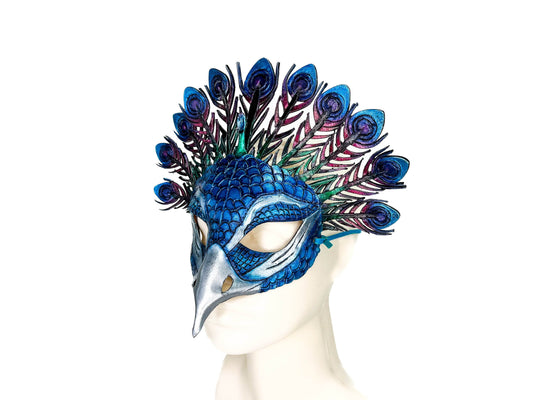 Metallic Blue Peacock Handmade Genuine Leather Mask - 