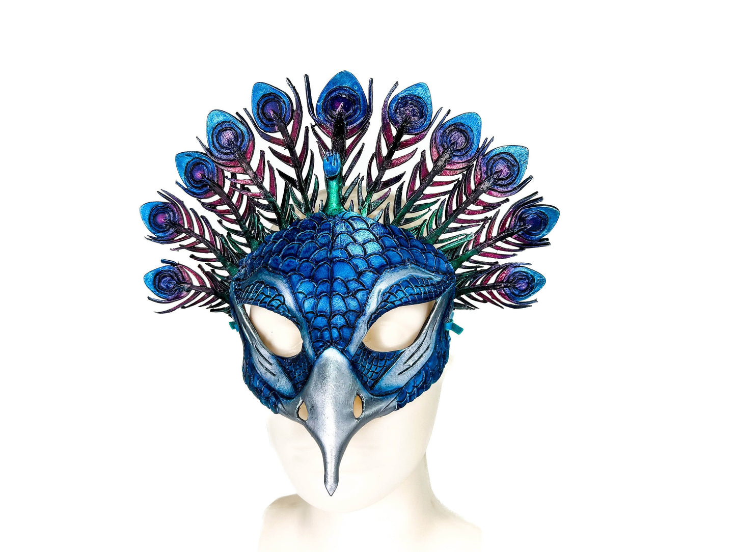Metallic Blue Peacock Handmade Genuine Leather Mask - 