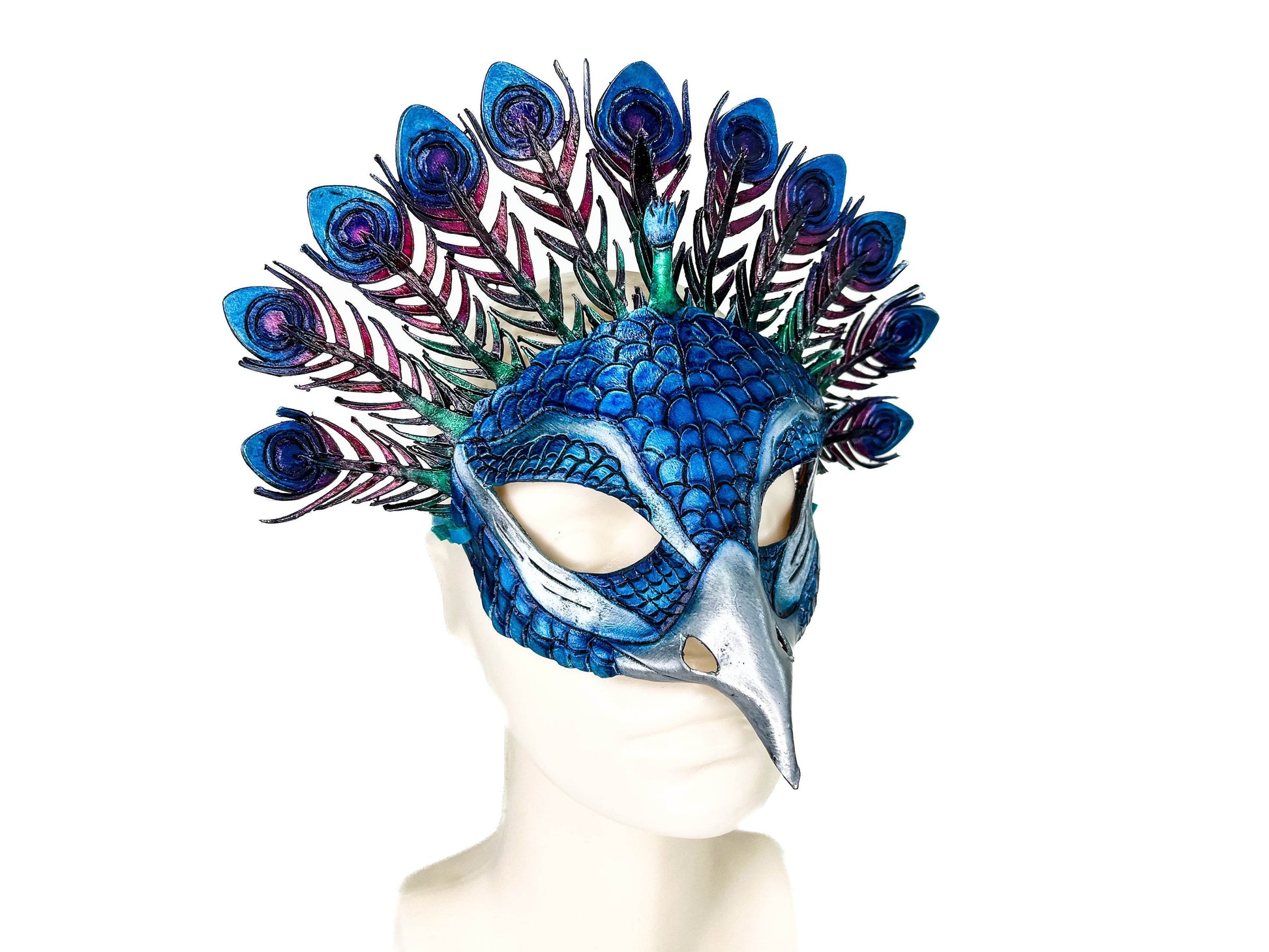 Metallic Blue Peacock Handmade Genuine Leather Mask - 