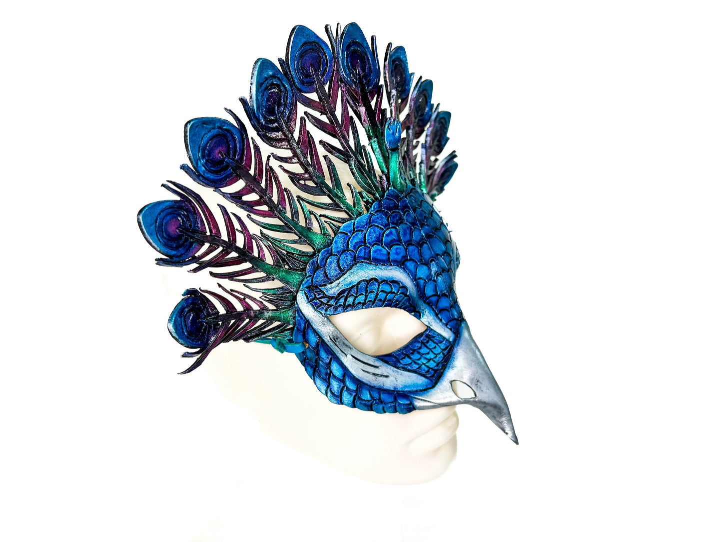 Metallic Blue Peacock Handmade Genuine Leather Mask - 