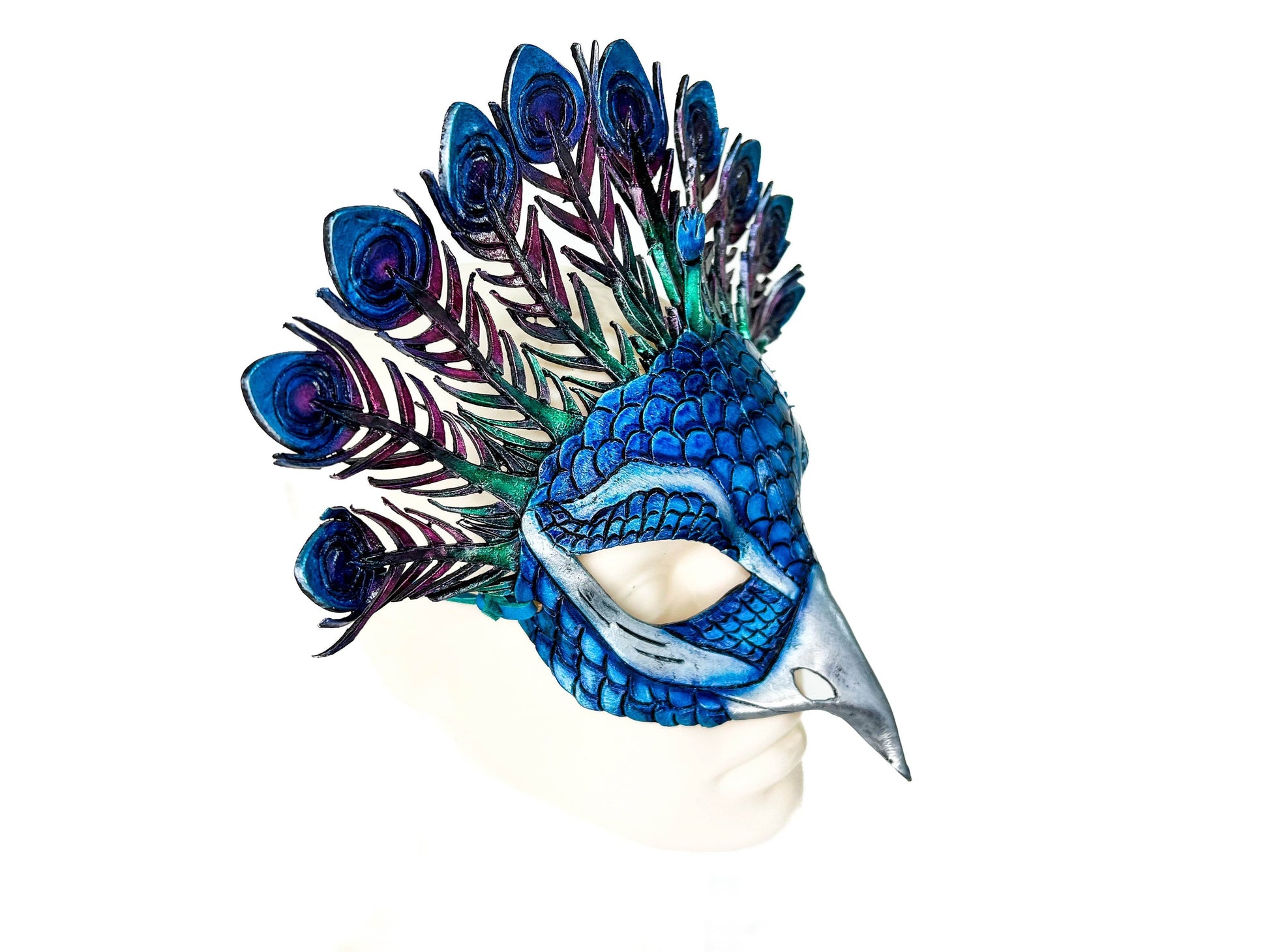 Metallic Blue Peacock Handmade Genuine Leather Mask - 