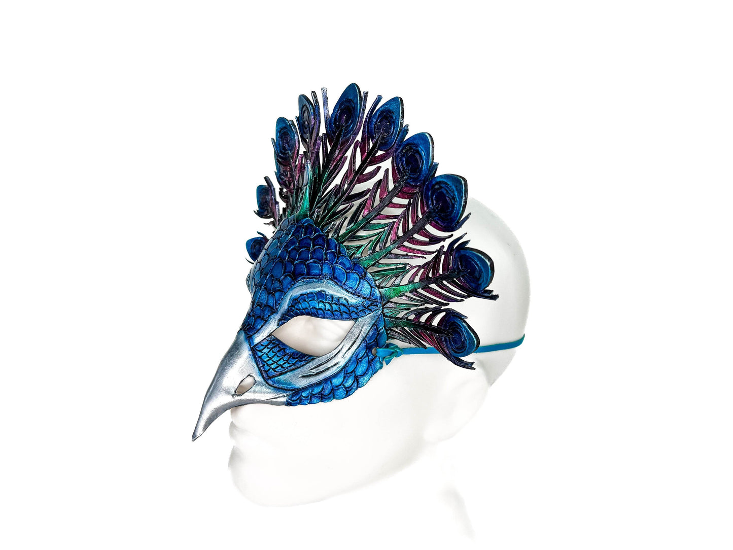 Metallic Blue Peacock Handmade Genuine Leather Mask - 