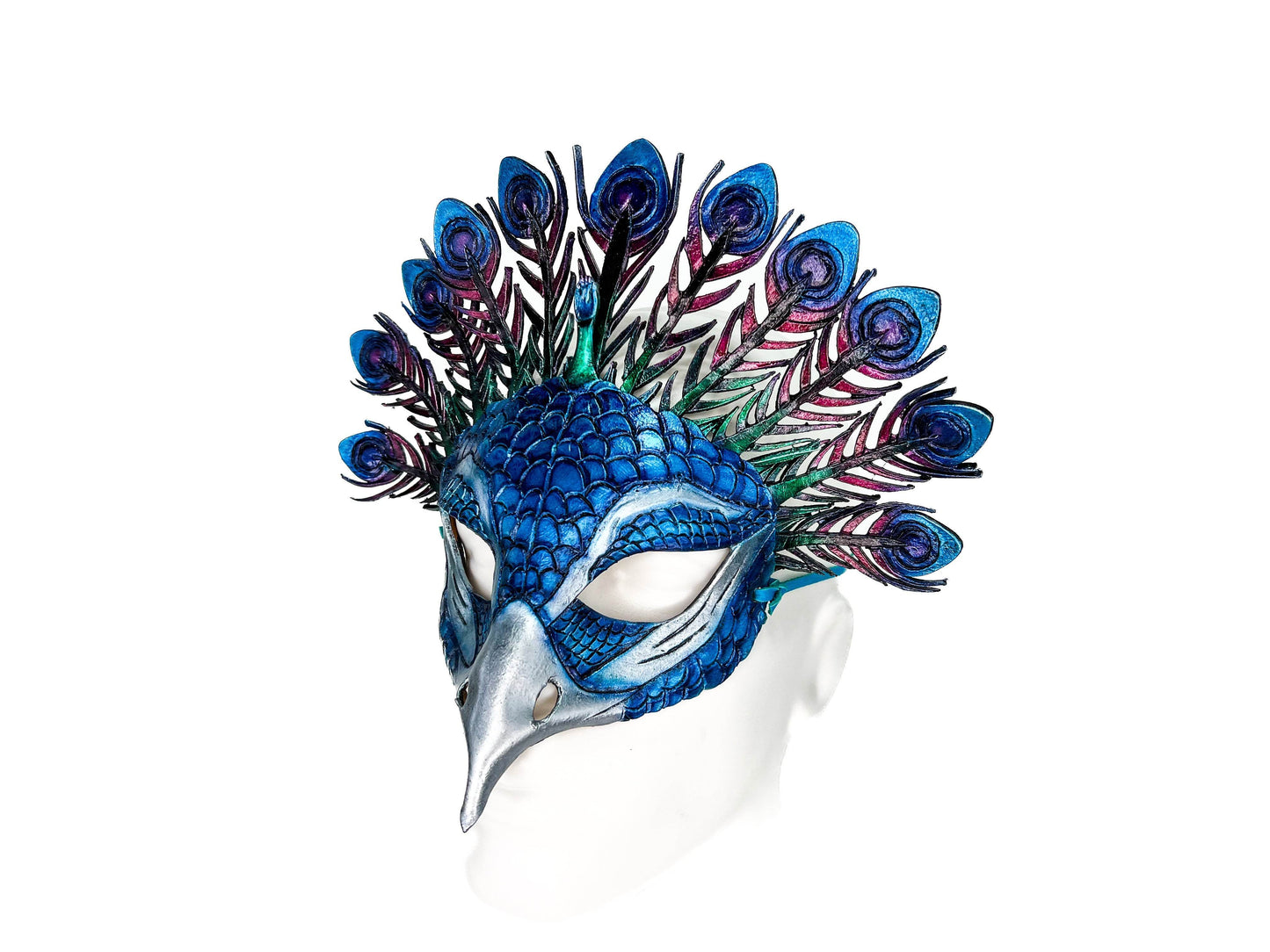 Metallic Blue Peacock Handmade Genuine Leather Mask - 