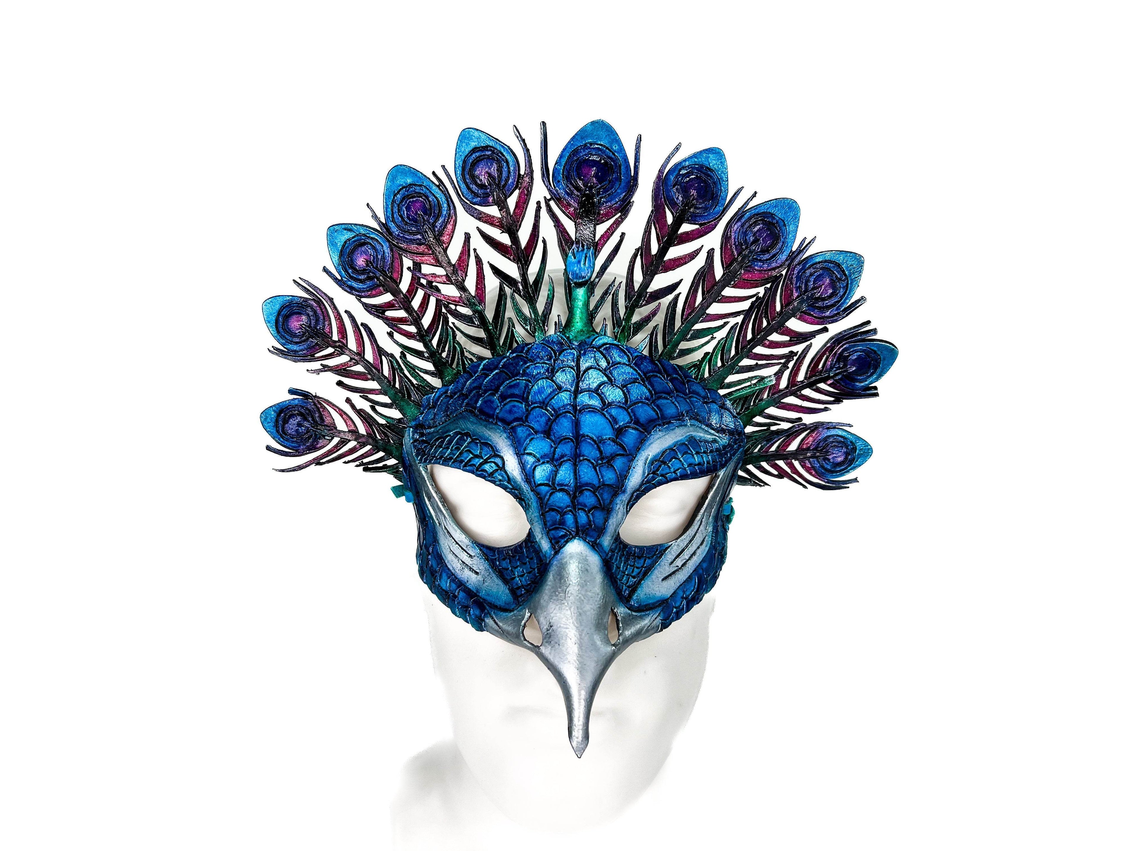 Metallic Blue Peacock Handmade Genuine Leather Mask - 