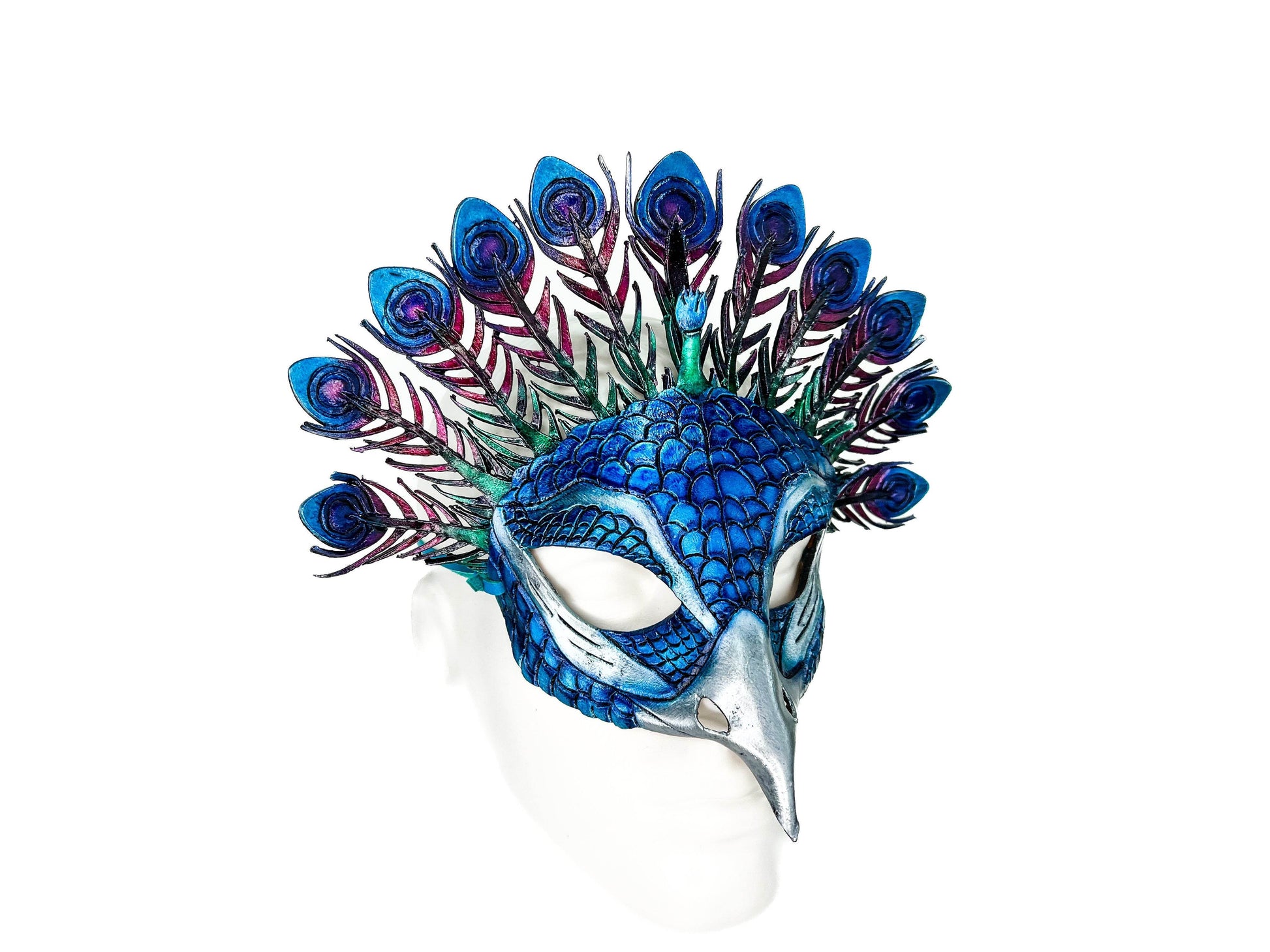 Metallic Blue Peacock Handmade Genuine Leather Mask - 