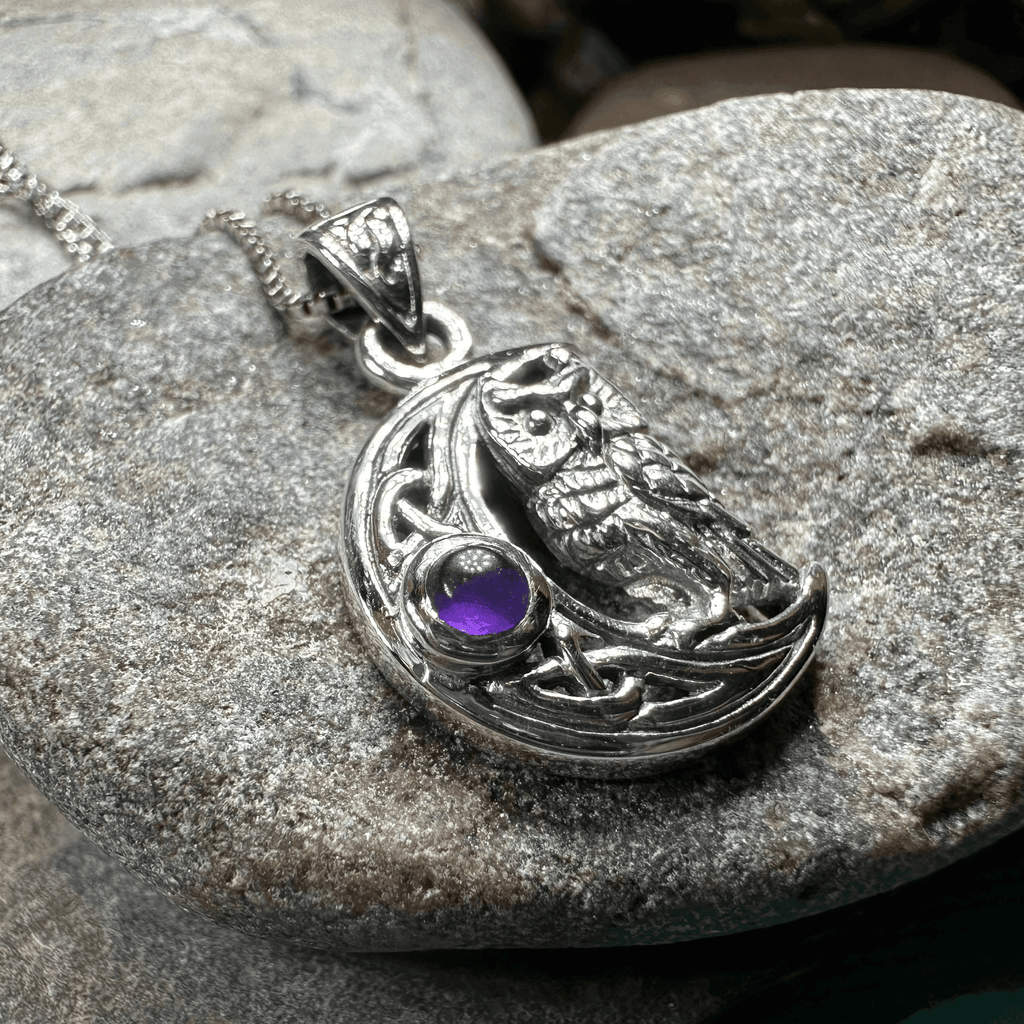Owl Crescent Moon Necklace - Amethyst
