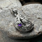Owl Crescent Moon Necklace - Amethyst