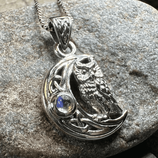 Owl Crescent Moon Necklace - Moonstone