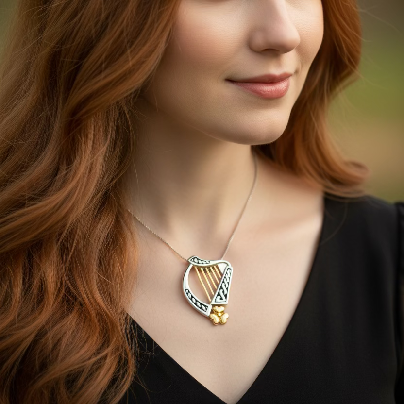 Golden Celtic Harp Necklace