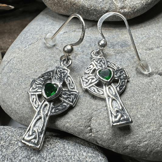 Celtic Cross Heart Earrings - Emerald Crystal
