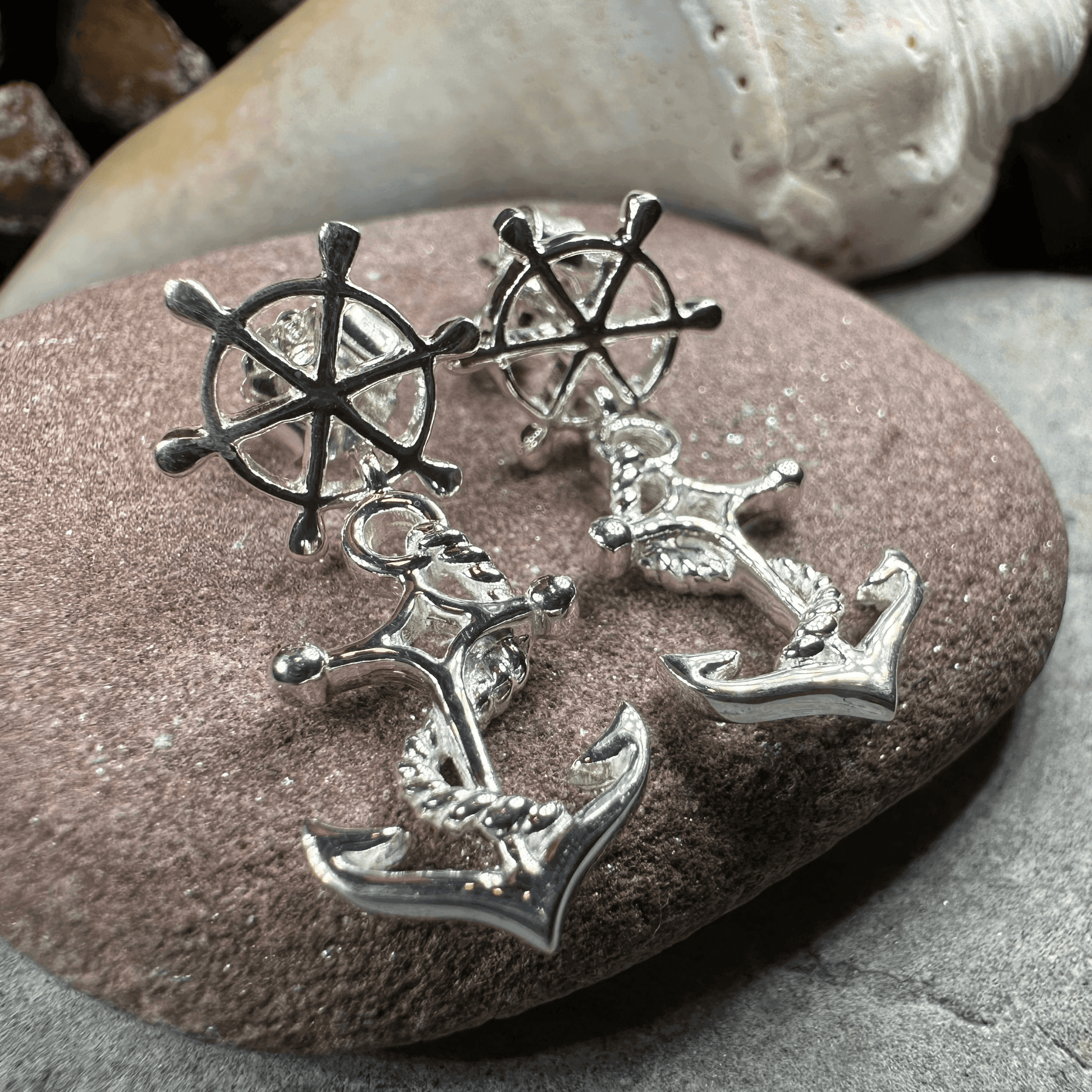 Ship's Wheel Anchor Post Earrings - 