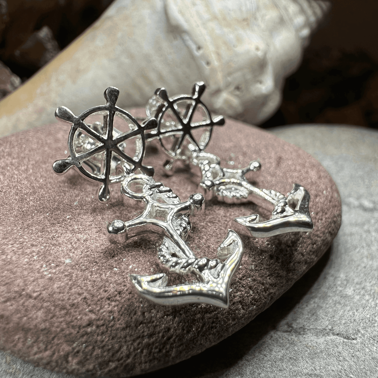 Ship's Wheel Anchor Post Earrings - 