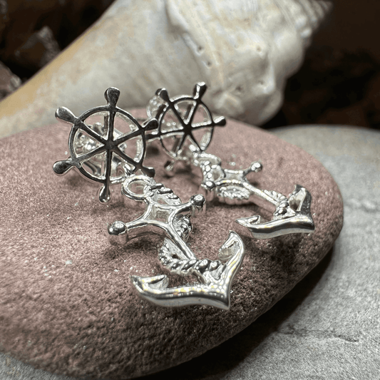 Ship's Wheel Anchor Post Earrings - 