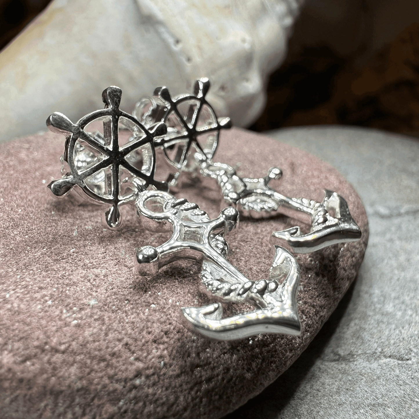 Ship's Wheel Anchor Post Earrings - 