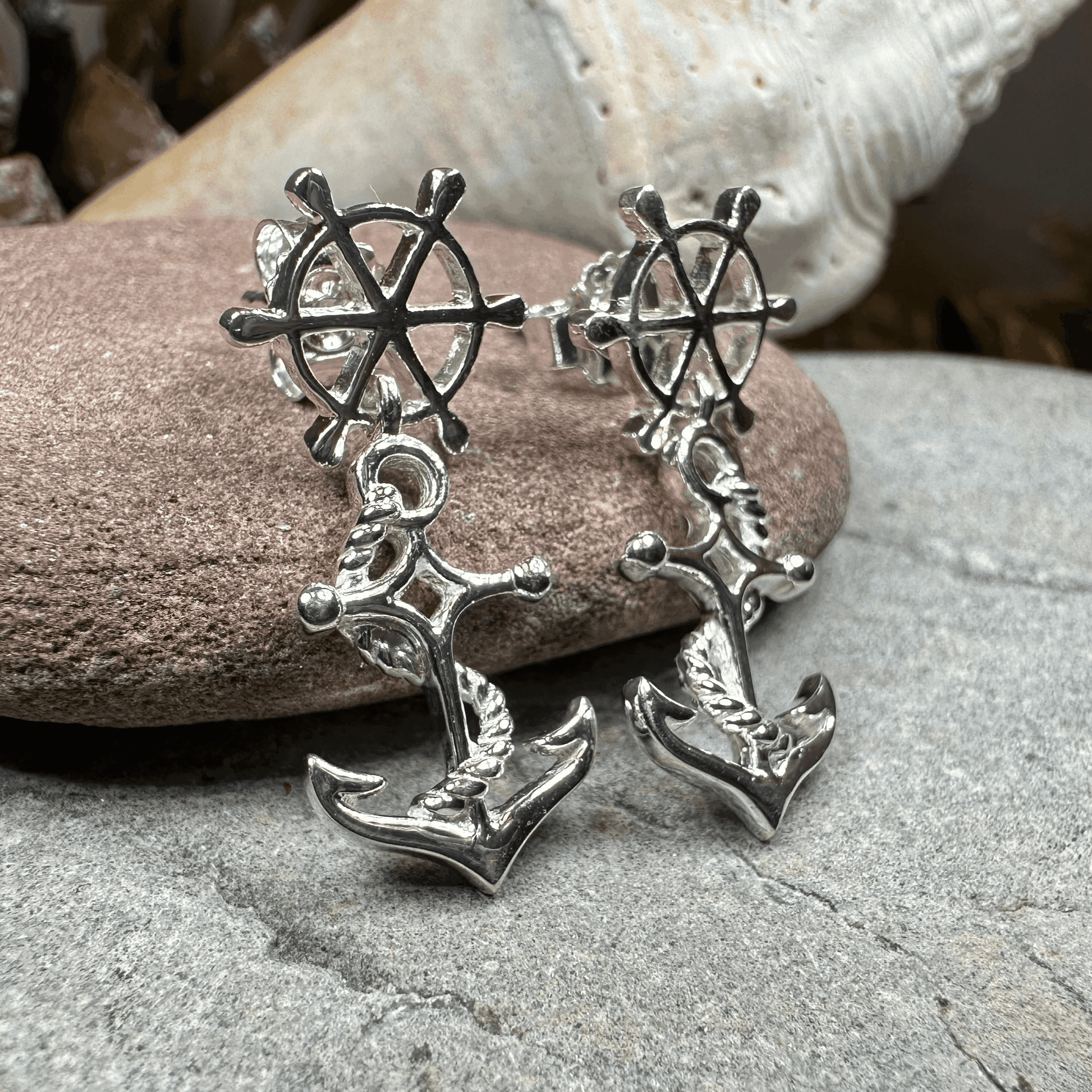 Ship's Wheel Anchor Post Earrings - 
