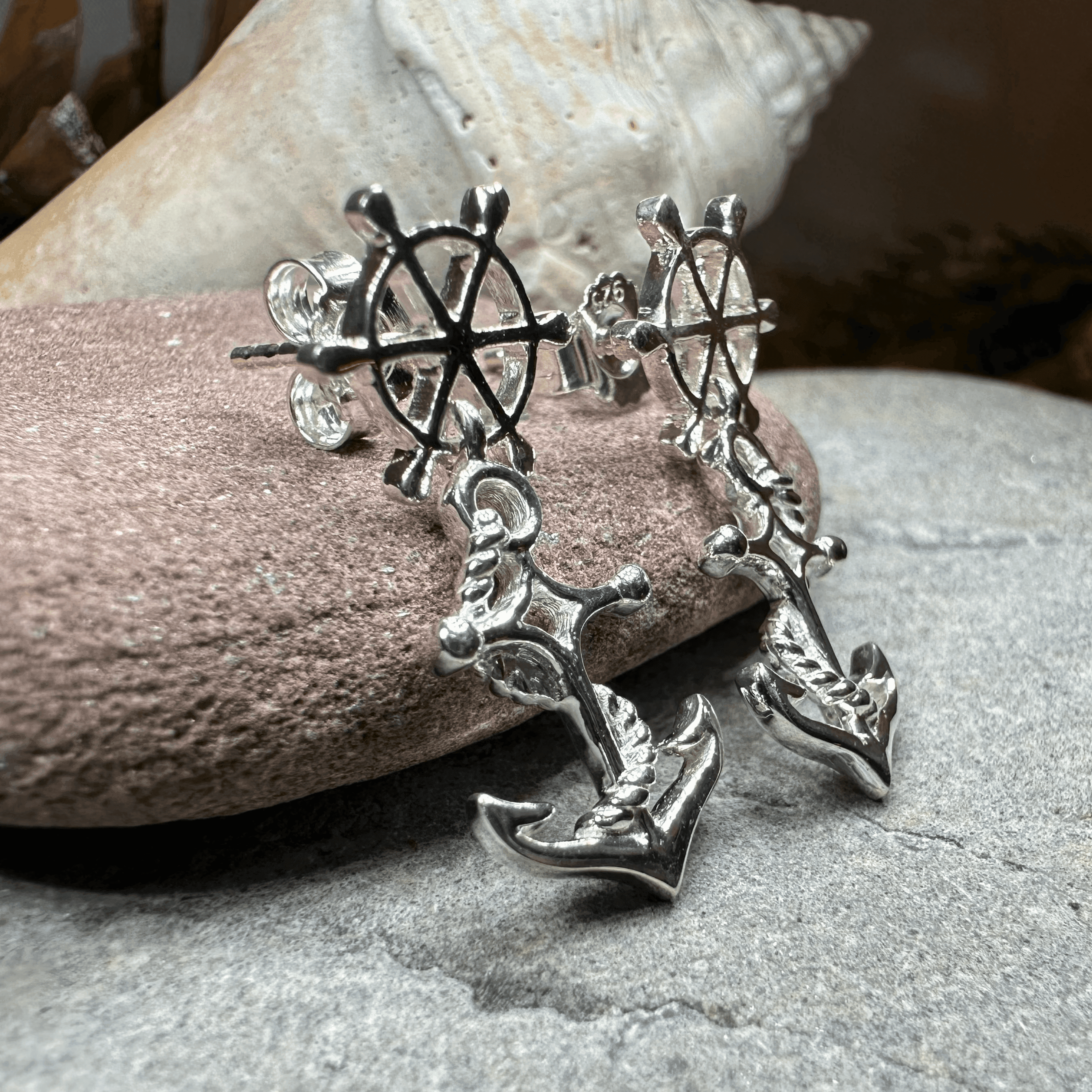 Ship's Wheel Anchor Post Earrings - 
