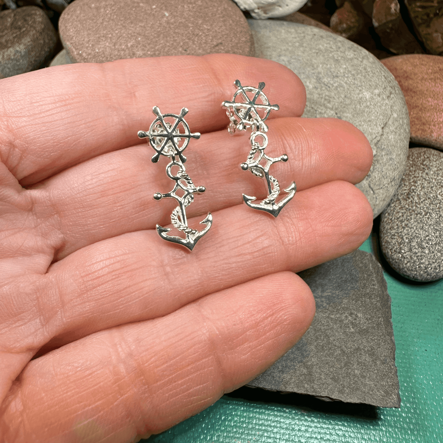 Ship's Wheel Anchor Post Earrings - 