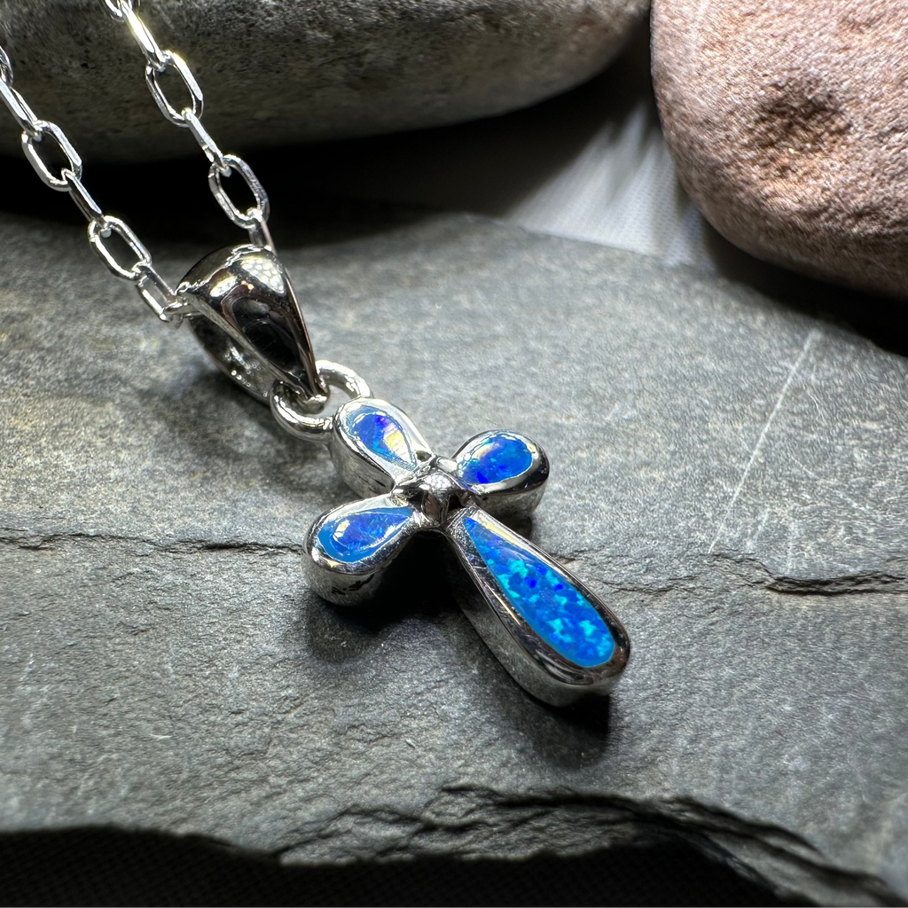 Blue Opal Celtic Cross Necklace