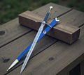 Damascus Steel Fantasy Sword – Medieval Replica with Blue Leather Handle & Royal Blue Scabbard