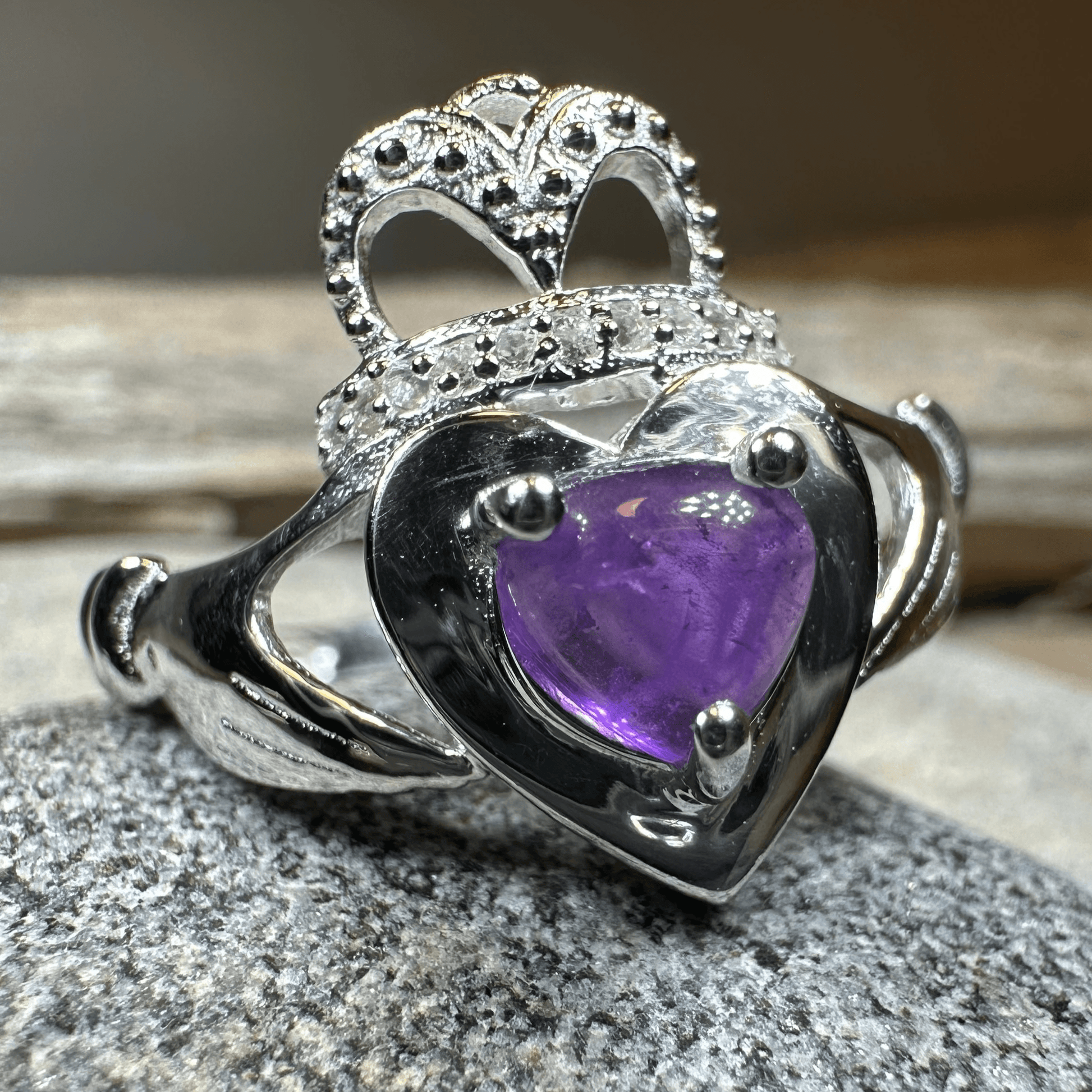 Noble Heart Amethyst Claddagh Ring - 6