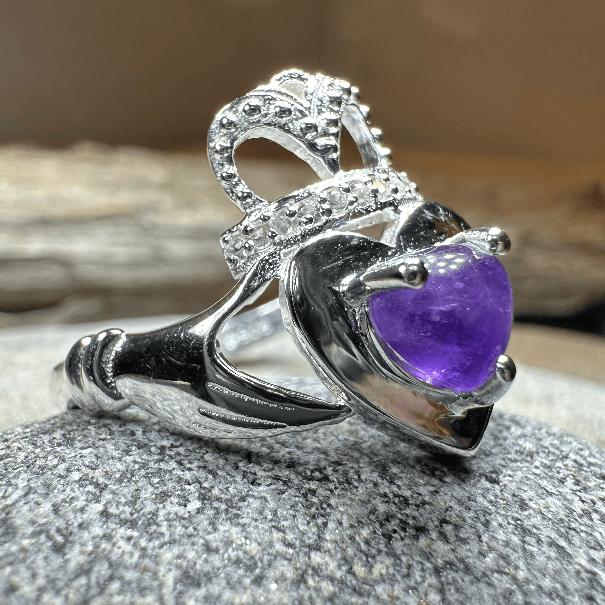 Noble Heart Amethyst Claddagh Ring - 6
